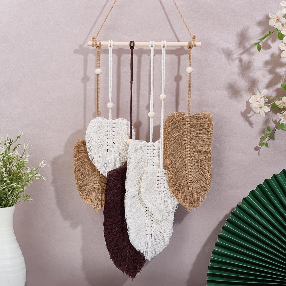 FREEBLOSS DIY Macrame Leaf Wall Hanging Beginners Macrame Kit Leaf Woven Tapestry Feather Wall Hanging DIY Macrame Kit for Adults Birthday Gift (Grey&White)