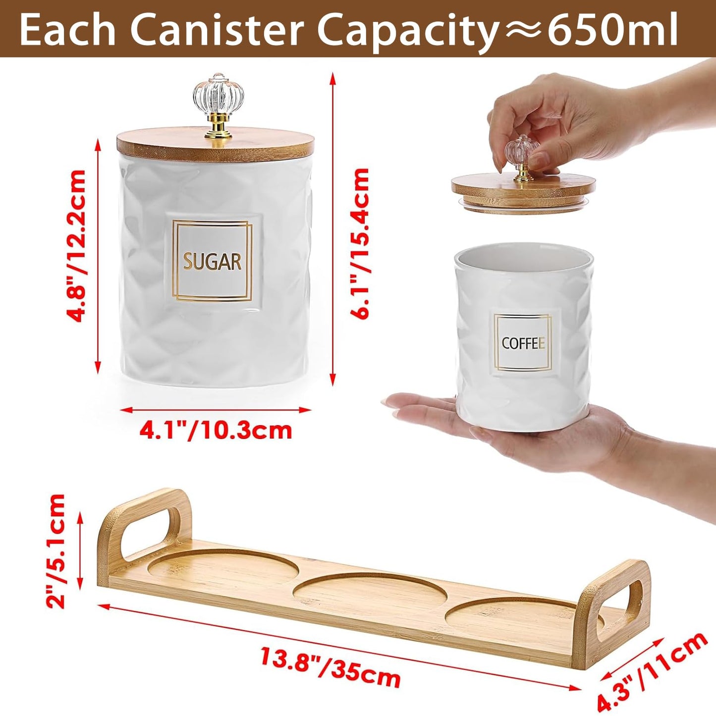 JUXYES Set of 3 Ceramic Canisters Set for Sugar Coffee Tea With Handle Tray, Luxurious Storage Containers Sets with Lids Decorative Storage Pots White Ceramic Storage Jar for Kitchen Dining Counter