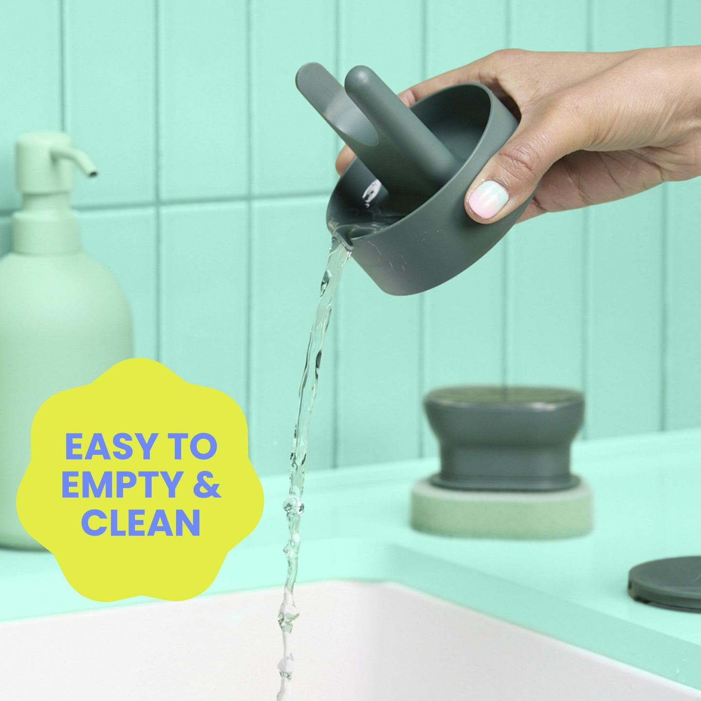 Brite by Scotch-Brite Palm Scrubber with Drain + Dry Stand, Household and Kitchen Sponge for Washing Dishes with Comfy Grip, 1 Scrub Sponge with Soap Dispenser