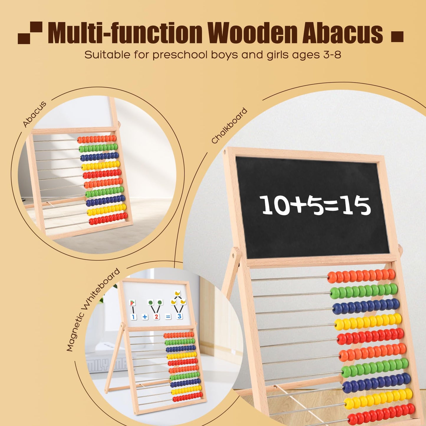 Ranqibo Wooden Abacus for Kids Math - Double-Sided Blackboard Whiteboard Magnetic Abacus with 100 Magnetic Number & Fruit Stickers - Educational Counting Games Kids Gift