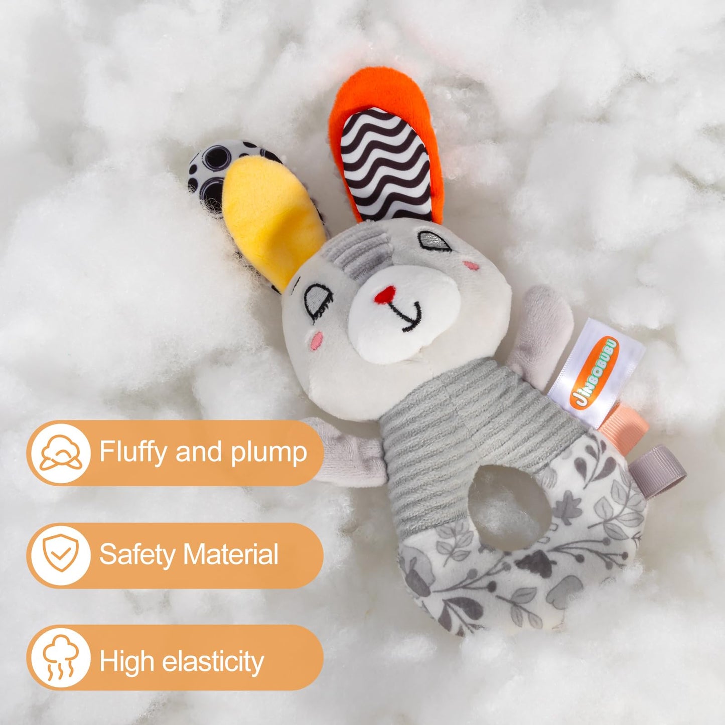 Sensory Shaker Rattle for Babies 0-6 Months, Infant Developmental Toys with High Contrast Patterns, Soft Plush Rabbit & Textured Ring for Auditory Visual Tactile Learning