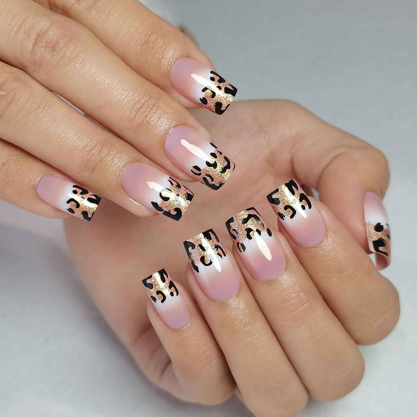 CurvLife Soft Gel Press on Nails Square Fake Nails with Design Full Cover False Nails for Women Reusable Nail Kit with Nail Glue Adhesive Tabs Nail File (leopard print, Long)