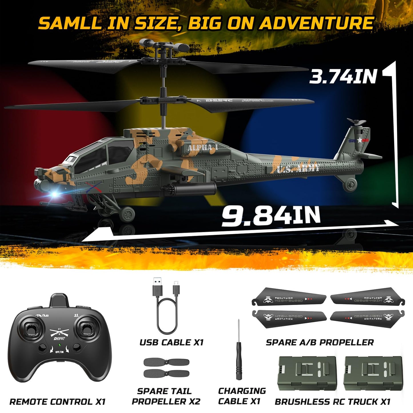 DEERC Apache RC Helicopter for Kids 8-12, Remote Control Helicopter for Adults, Helicopters Toy with 26 Mins Flight Time (2 Batteries), LED Lights, Altitude Hold, Chrismas GIF for Boys