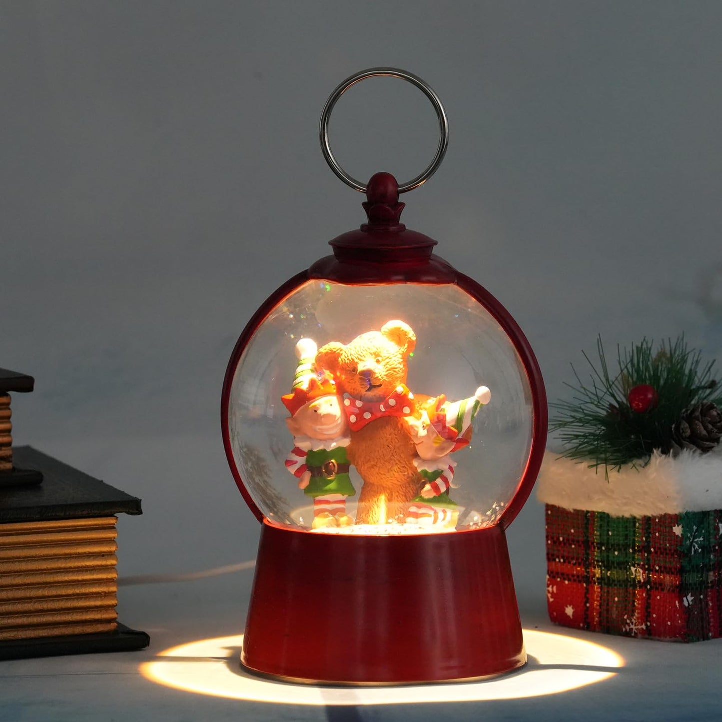Christmas Snow Globe Lantern with Swirling Glitter Christmas Home Decoration Elf Bear Musical Snow Globe, 6 Hour Timer, USB Powered & Battery Operated Music Box for Holiday