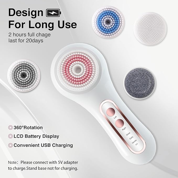 Face Scrubber Exfoliator,Facial Cleansing Brushes Rechargeable IPX7 Waterproof with 5 Brush Heads,Electric Face Spin Brush for Exfoliating, Massaging and Deep Cleansing (White)