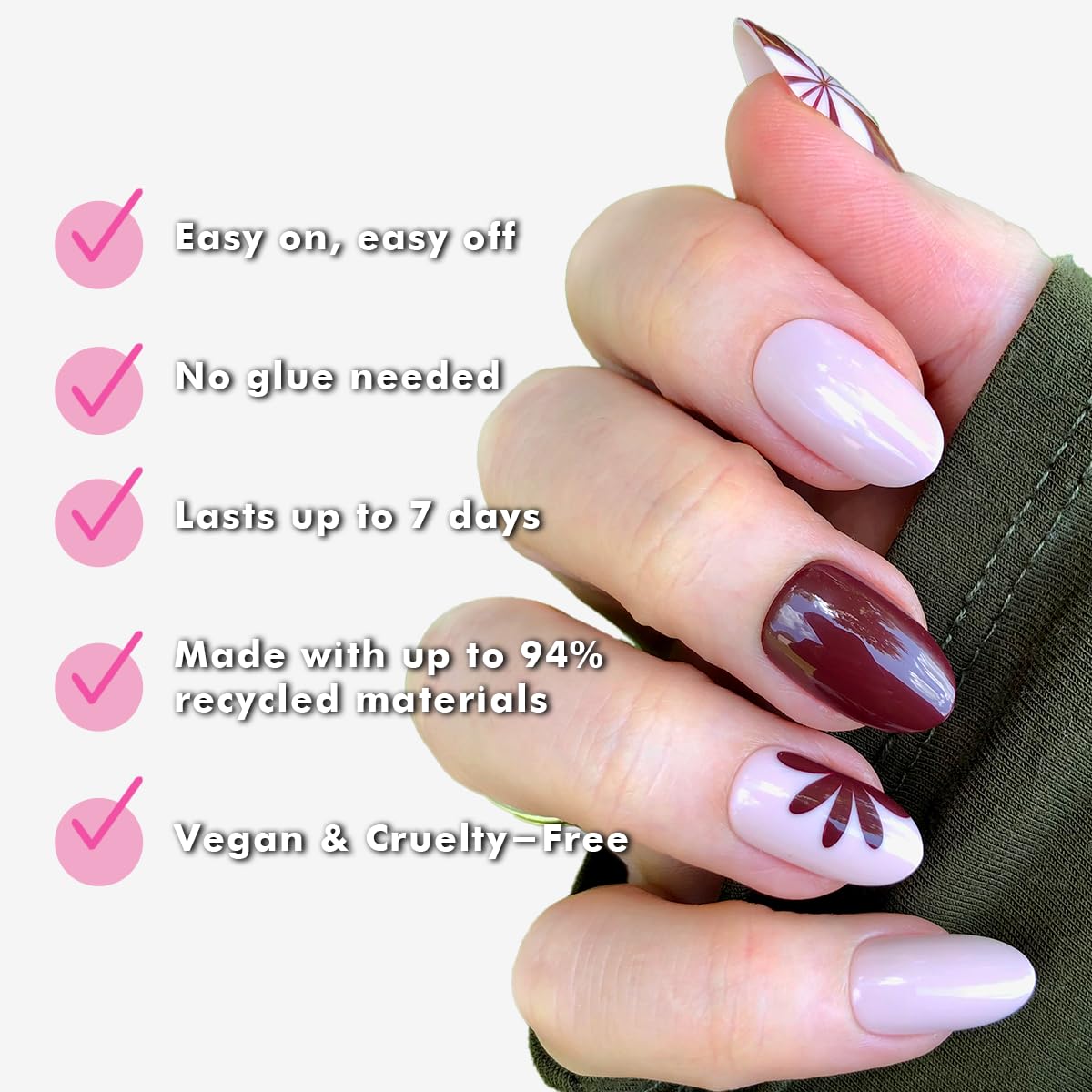 Olive & June Classic Super Stick Mani Press On Nails | No Glue Needed | 32 Tab Nails 16 Sizes | Non-Toxic Tabs Easy On-Off Non-Damaging Realist Look | 7-Day Wear | Medium, Oval |Big Duo Toned Flowers