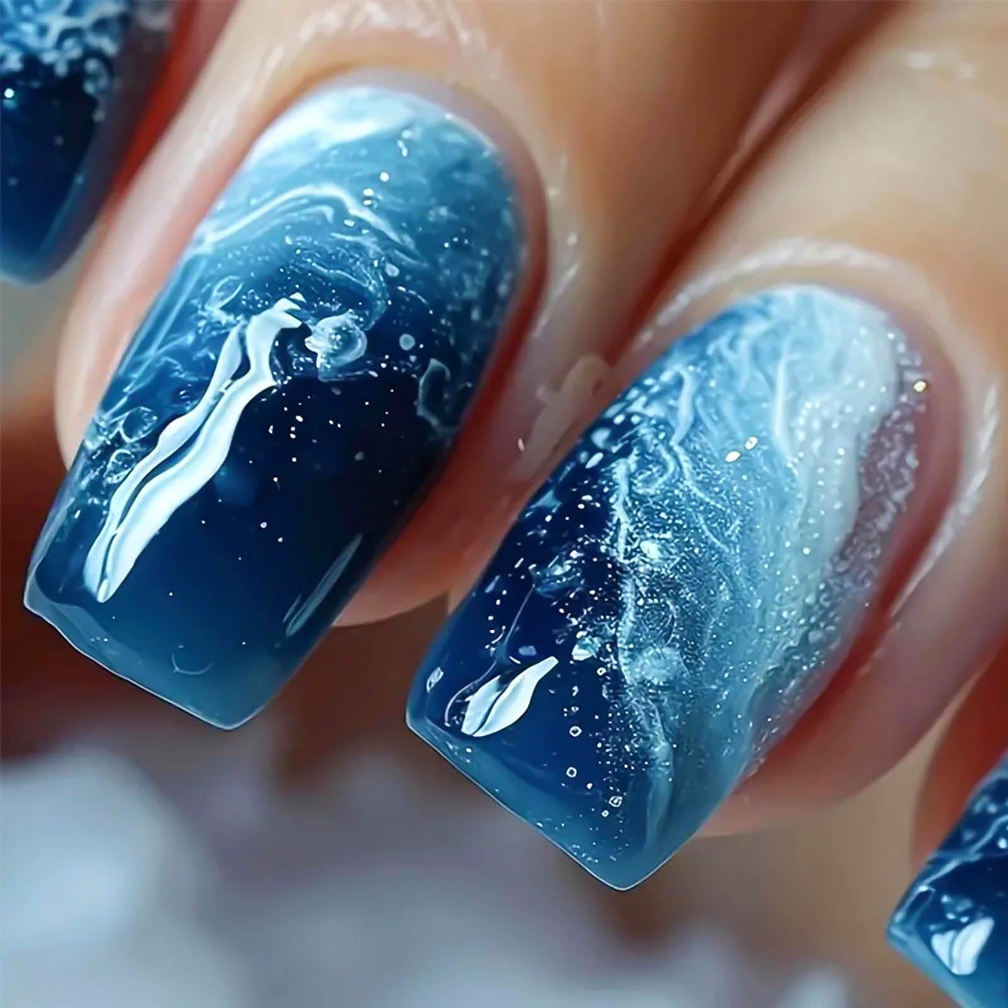 RUOKEXIN Square Press on Nails - Medium Blue Ombre False Nails with Glitter Designs, Thick Glossy Artificial Nails, 24Pcs
