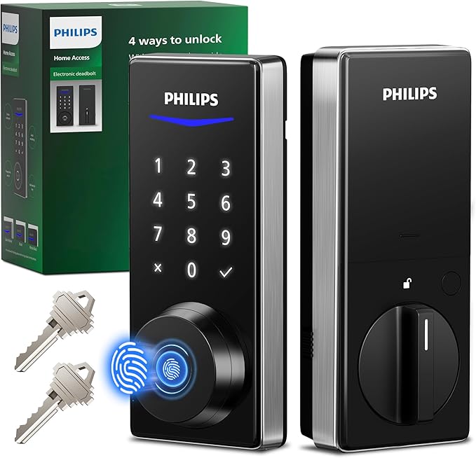 Philips Fingerprint Electronic Door Lock, Keyless Entry Door Lock with Touchscreen, Long-Last Battery Life, Auto-Lock, One-Time Code, One-Touch Locking, Satin Nickel