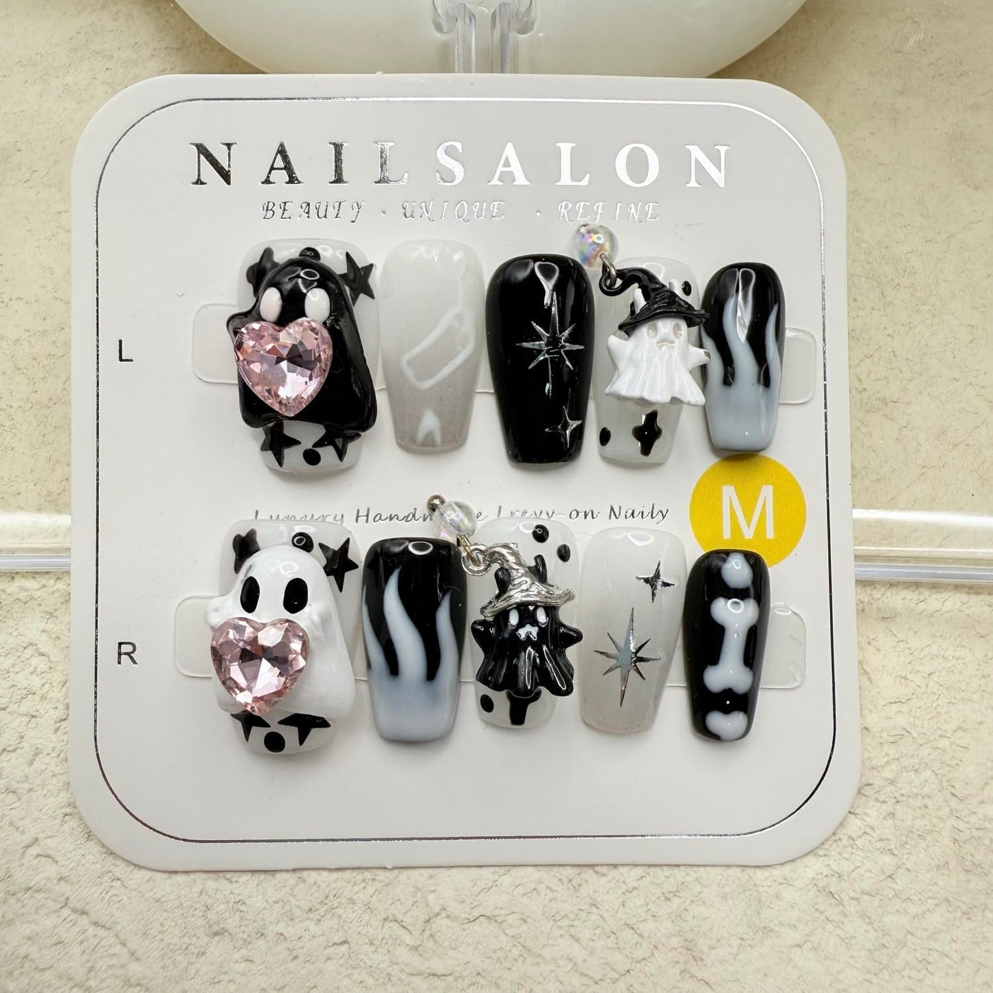 Halloween Press on Nails Bone Designs Love Heart and Little Ghost Acrylic Nail Handmade Press on Nails Medium Coffin Fake Nail Full Cover Black White False Nails for Women Manicure (Size M)