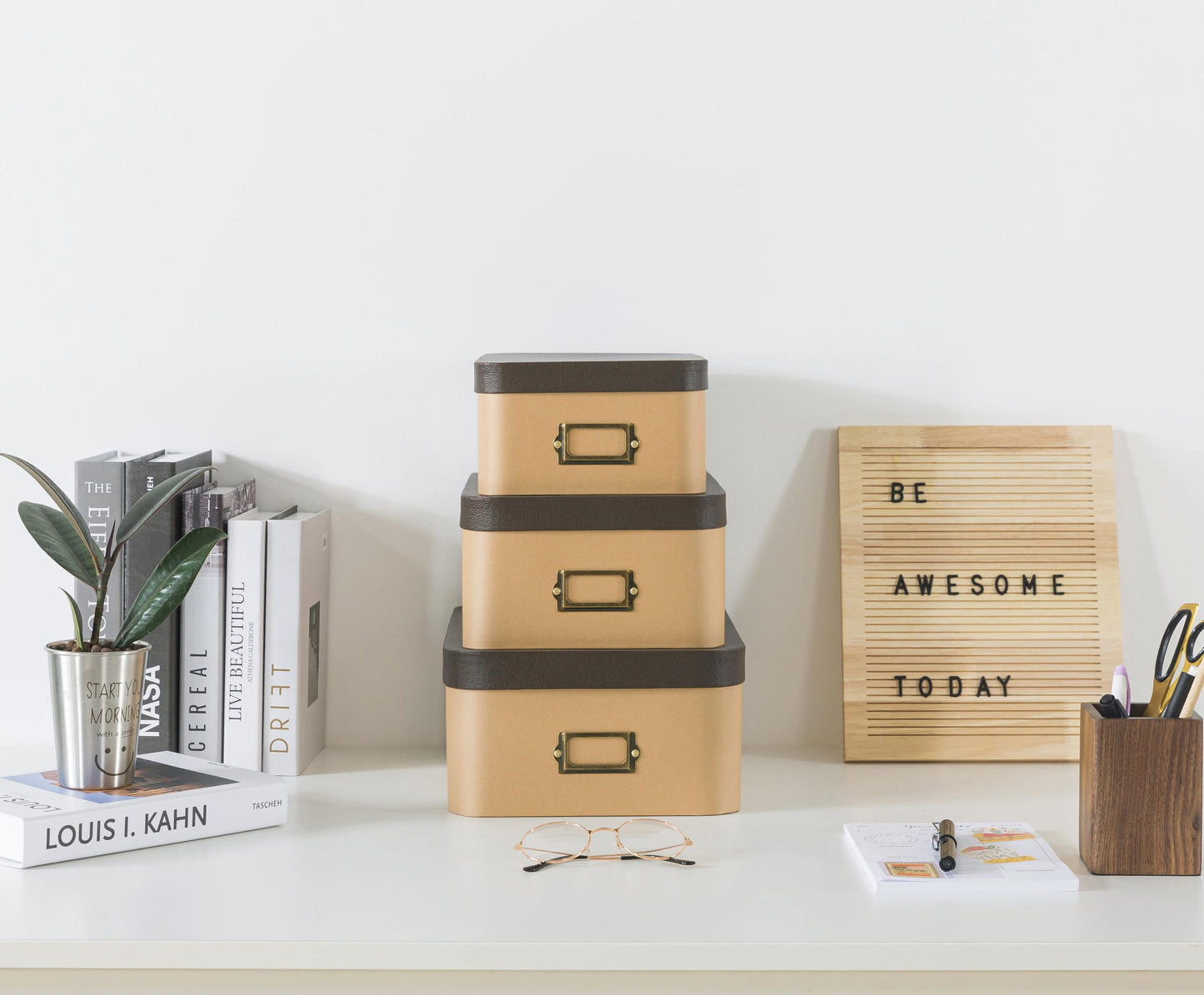 Soul & Lane Kraft Decorative Boxes with Buffalo Leather Lids - Set of 3, Cardboard Memory Boxes for Keepsakes with Bronze Label Holders, Perfect for Home and Office Decor and Organizing
