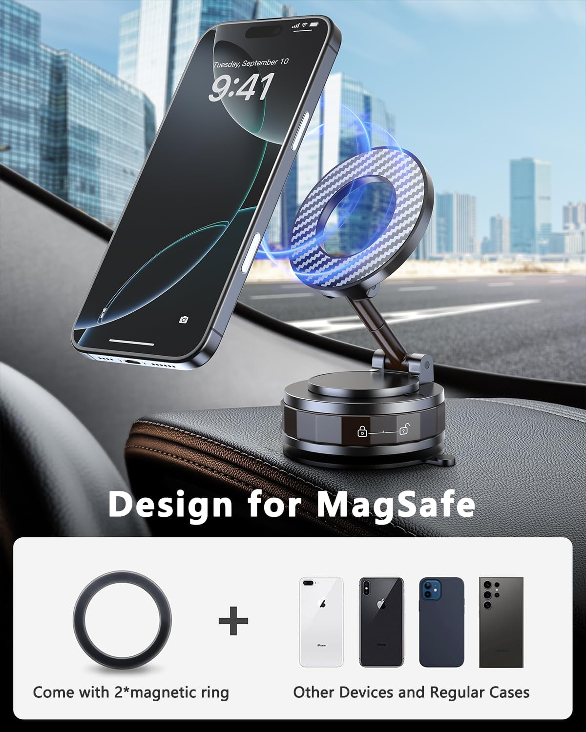 Vacuum Magnetic Car Phone Holder for Magsafe [89+LBS Suction & 3200gf Magnetic] 360° Adjustable Ultra Suction Cup Phone Holders for Your Car/Gym/Mirror, Car Mount for iPhone & Android (Black)