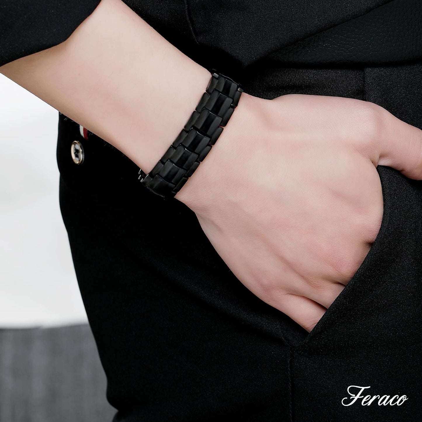 Feraco Mens Magnetic Therapy Bracelets Titanium Steel Bracelet with Double Row 4 Elements Magnets