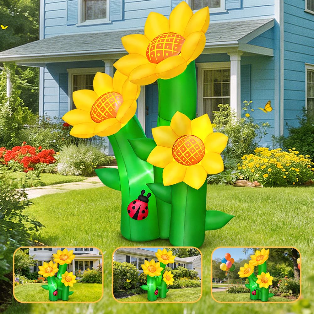 KOOY 6FT Spring Easter Inflatable Sunflowers Outdoor Decoration, Inflatable Sunflowers Blow Up Yard Decor Built-in LED Lights for Spring Summer Easter Yard Garden Lawn Party