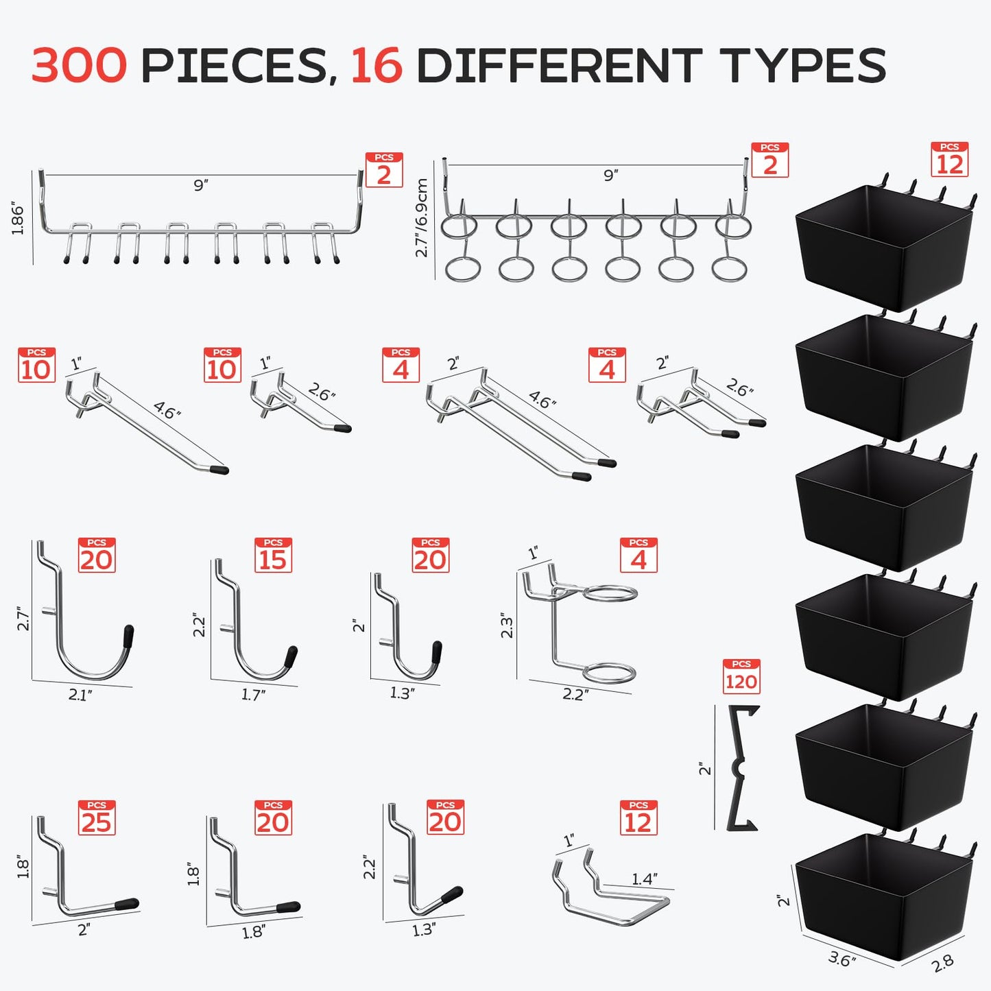 KRUXTO 300 PCS Pegboard Hooks Kit, Peg Board Organizer Accessories with Bins, Fit 1/8 or 1/4 Inch Pegboard for Hanging Various Tools in Garage, Workbench, Craft Room, Kitchen