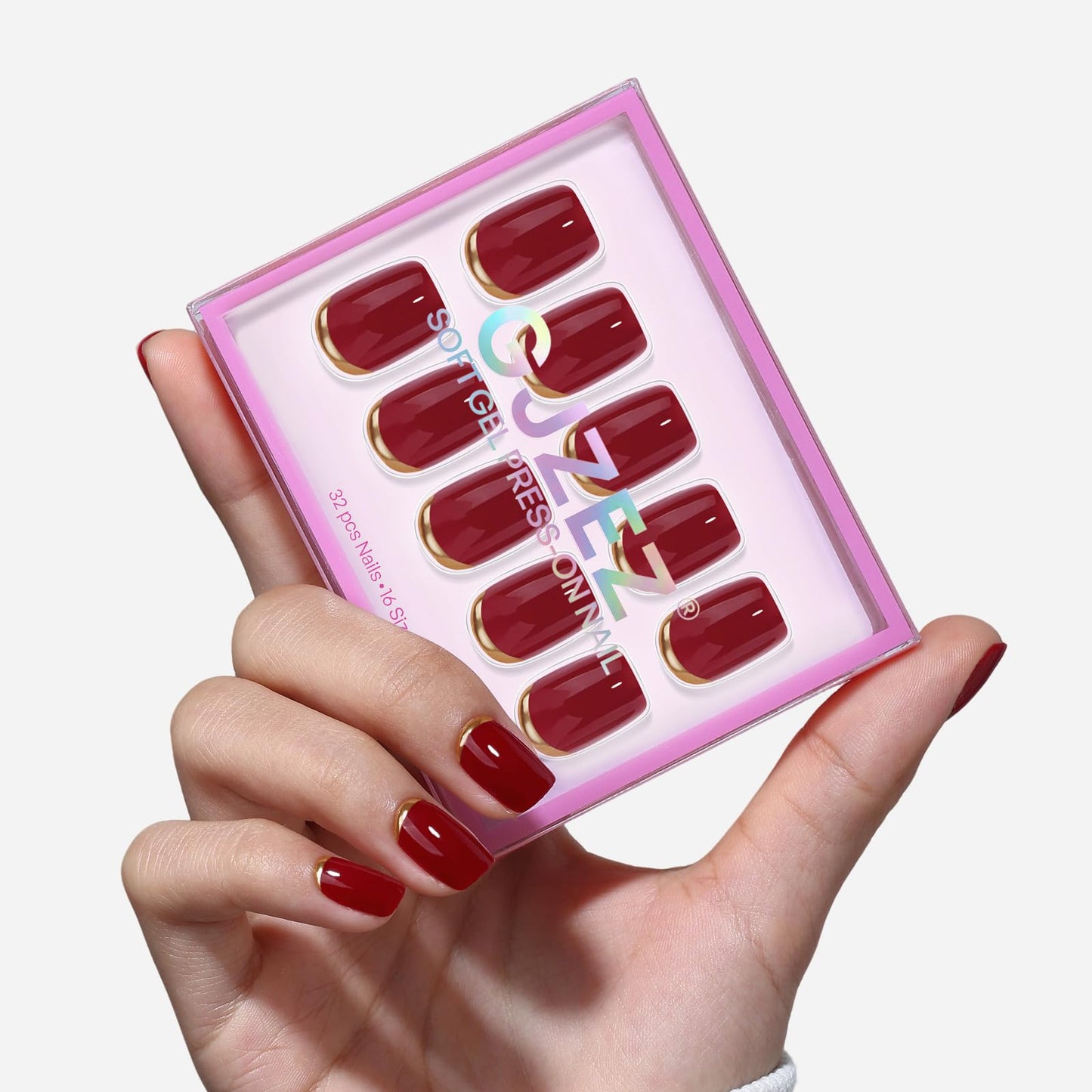 Red Press On Nails with Designs - GJZEZ Soft Gel Glossy Square Nails Press ons with Gold Cuffs French Tip, Salon Quality Fake Nails for Women, 16 Sizes - 32 pcs Long Lasting Reusable Nails, Gold End