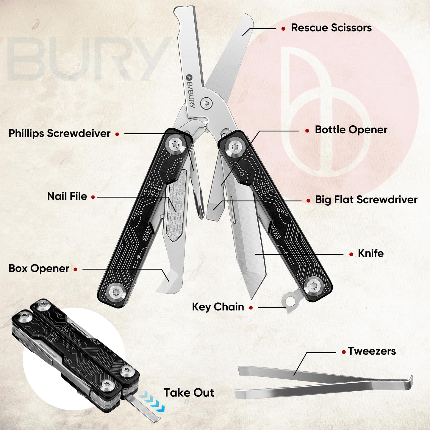 BIBURY Mini Keychain Multitool Scissors B12062B, 9 in 1 Multitool EDC Scissors with Screwdriver, Bottle Opener, Pocket Knife, Spring -Mini Multi Tool for Outdoor, Daily Use, Gifts for Men and Women