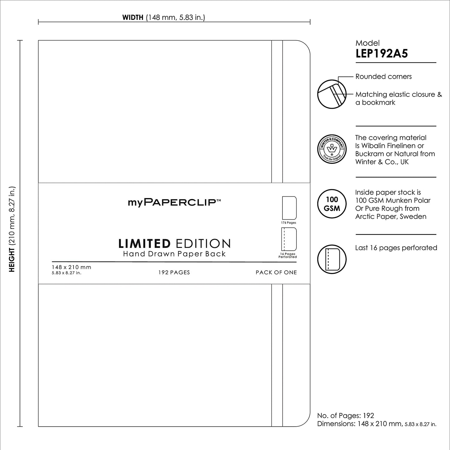 myPAPERCLIP Limited Edition A5 Plain Notebook | 192 Pages, 100 GSM, Soft Cover, A5 (5.83 × 8.27 in) | Flat Lay | Bookmark & Elastic Closure | Amethyst