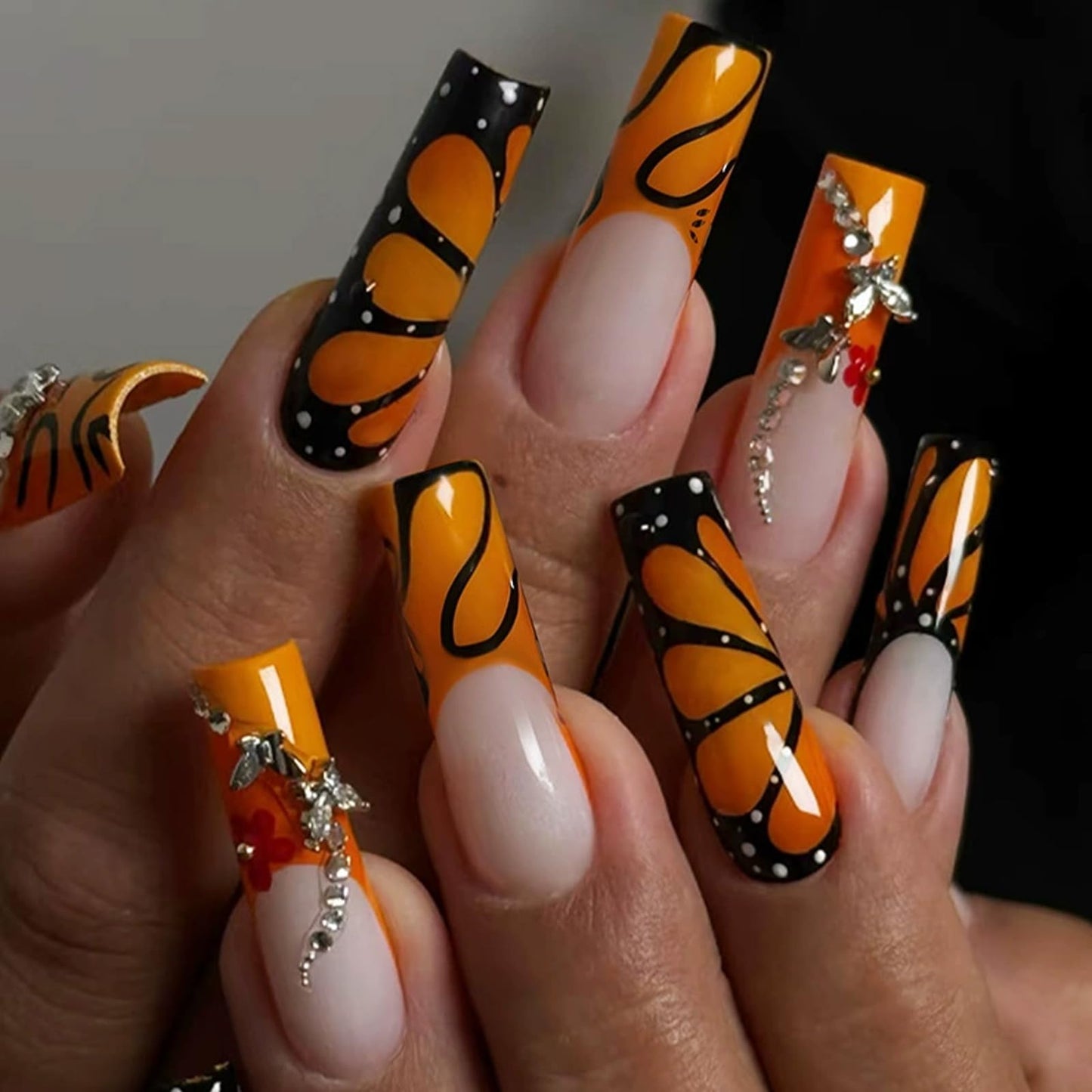 IMSOHOT Long Square Press on Nails, Long Fake Nails, Orange Monarch Butterfly Rhinestone Design, 24 Pcs Reusable Glue on Nails for Women, Salon Quality