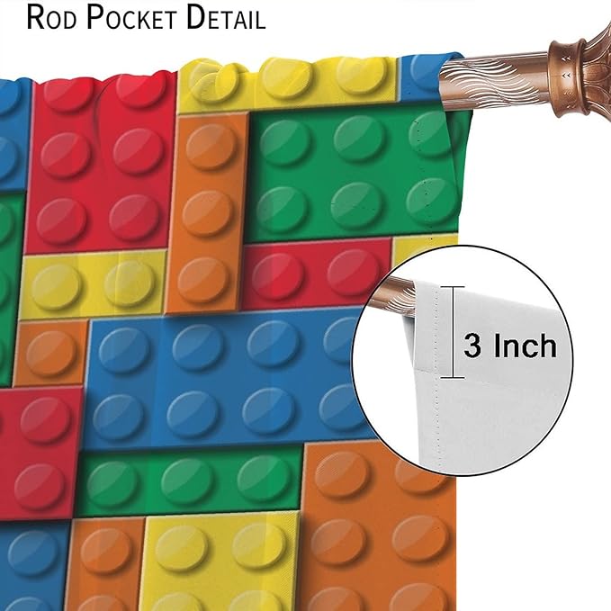 Building Block Toy Curtain Rod Pocket Children's Nursery Abstract Outline Colorful Toy Cartoon Theme Brick Geometric Print Curtain, Blackout Curtain for Boys and Girls Room 72x63in