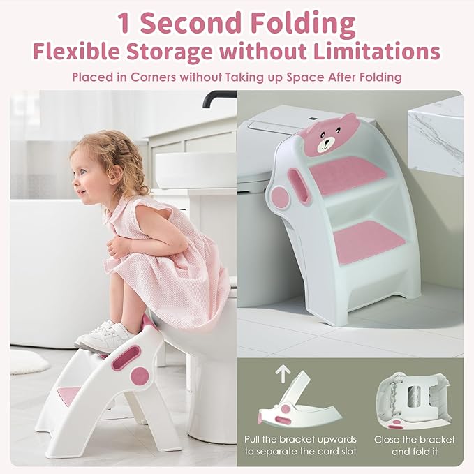 Toddler Step Stool Foldable 2 Step Stool for Kids Collapsible Anti-Slip Stepping Stool for Bathroom Sink Potty Toilet Toddler Kitchen Stool Helper (Pink)
