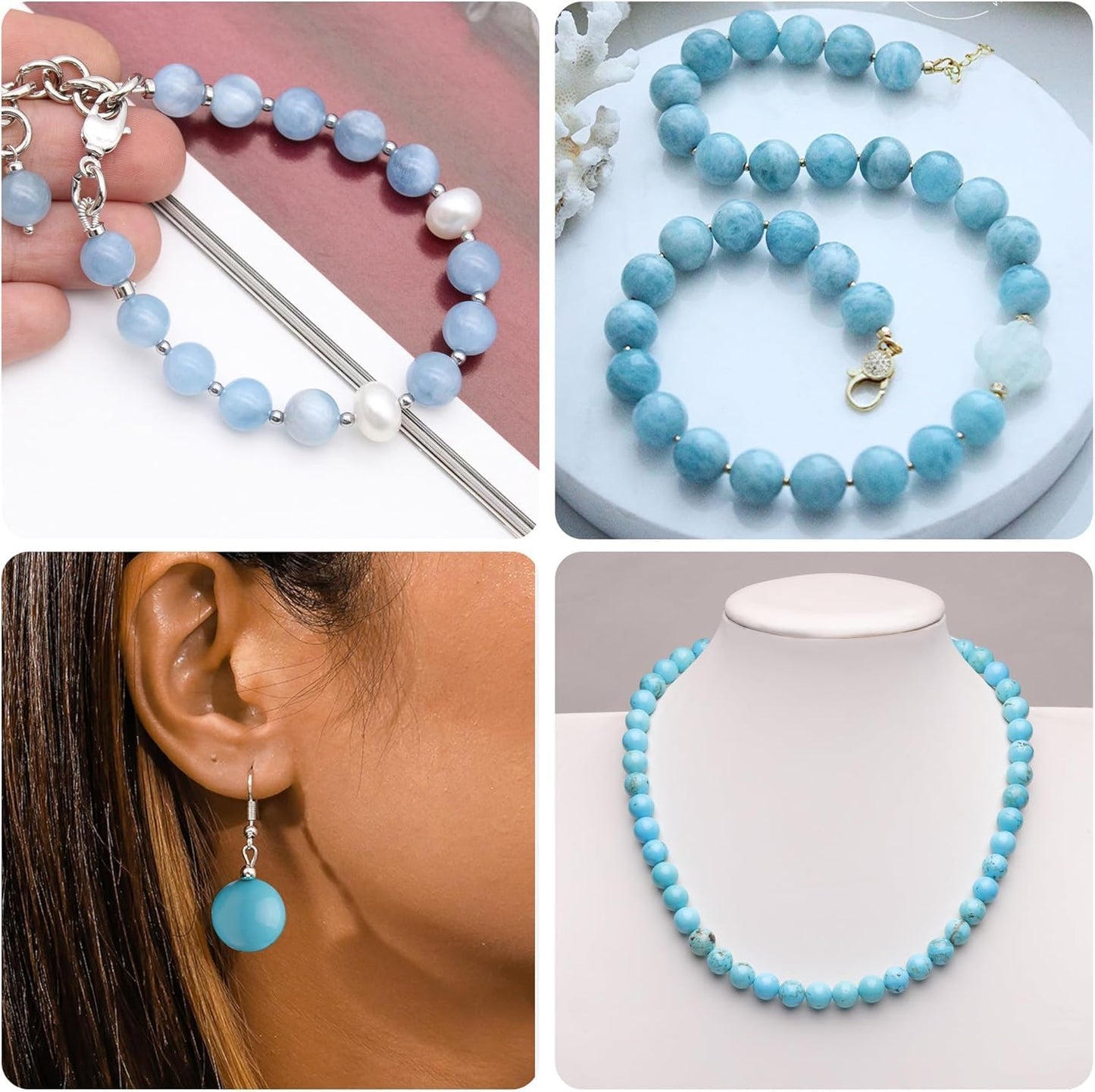 60pcs 6mm Natural Stone Beads Blue Chalcedony Beads Crystal Gemstone for Jewelry Making, DIY Bracelet Necklace