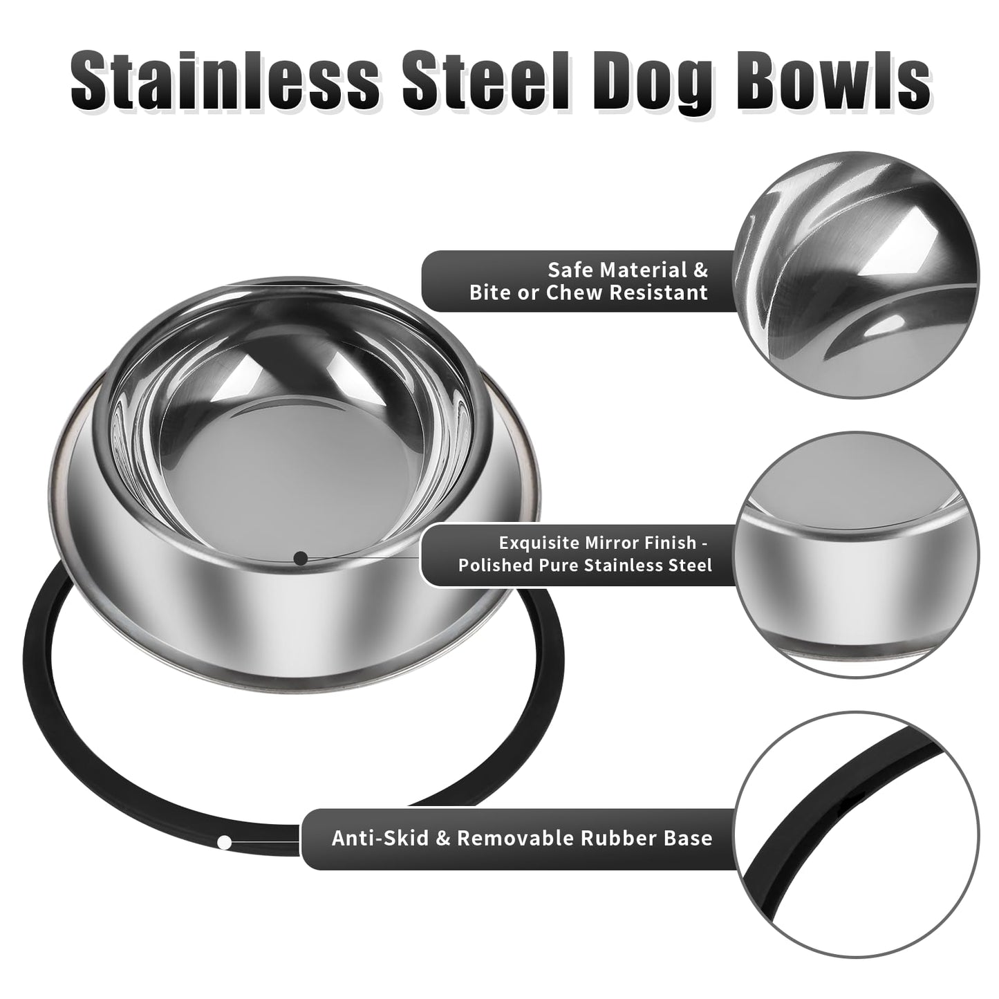 3Pcs Stainless Steel Dog Bowls Set - Non-Slip Food and Water Bowl 13 Oz - Dishwasher-Safe, Rust Resistant Metal Pet Bowls for Small/Medium/Large Sized Pets