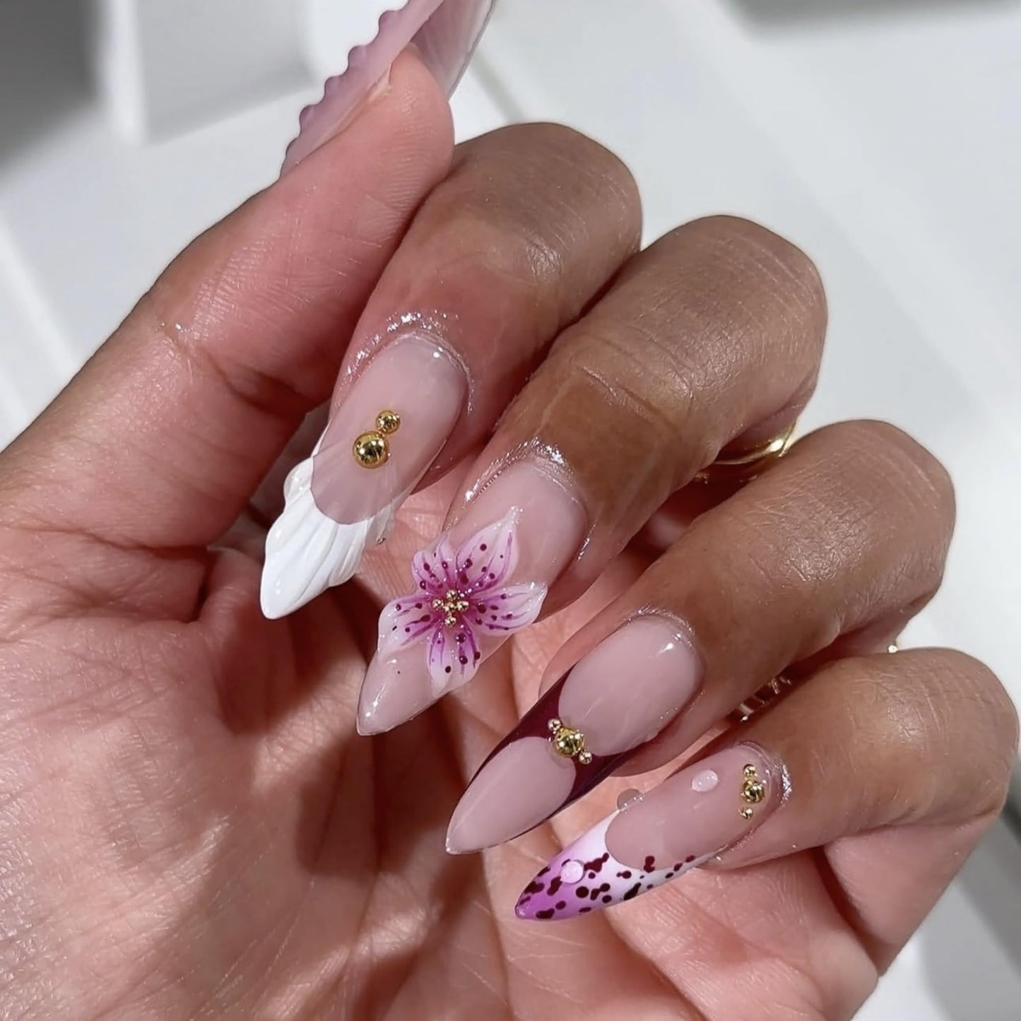 SEENEEY Almond Press on Nails Long Fake Nails French Artificial Nail Purple Floral Designs Stick on Nail for Women 24pcs