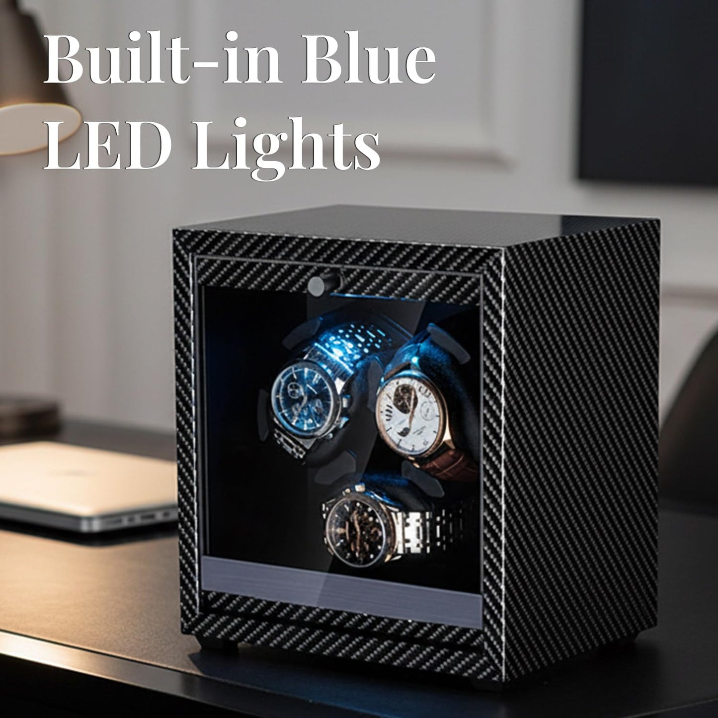 Mcbazel Watch Winder for Automatic Watches, 4 Rotation Modes Watch Winder Box with Super Quiet Motor, Blue LED Light, Memory Foam Pillows, Gift for Men & Women [Black]