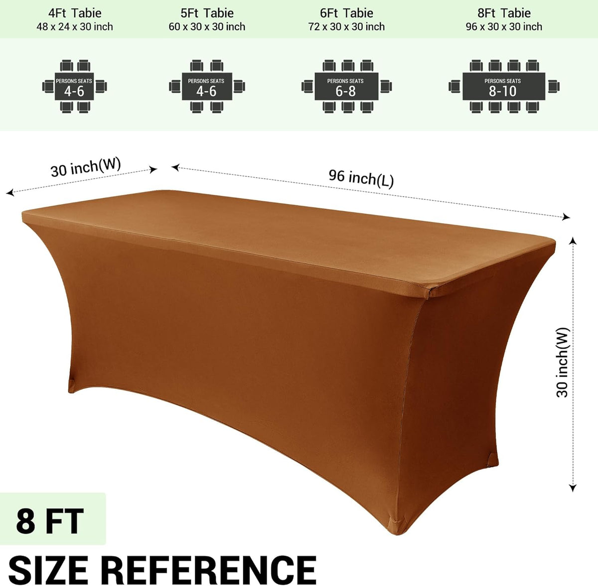 Obstal 8Ft Stretch Spandex Table Cover for Standard Folding Tables - 2 Pack Universal Rectangular Fitted Tablecloth for Party, Banquet, Events, Trade Show (Light Coffee, 96L x 30W x 30H Inches)