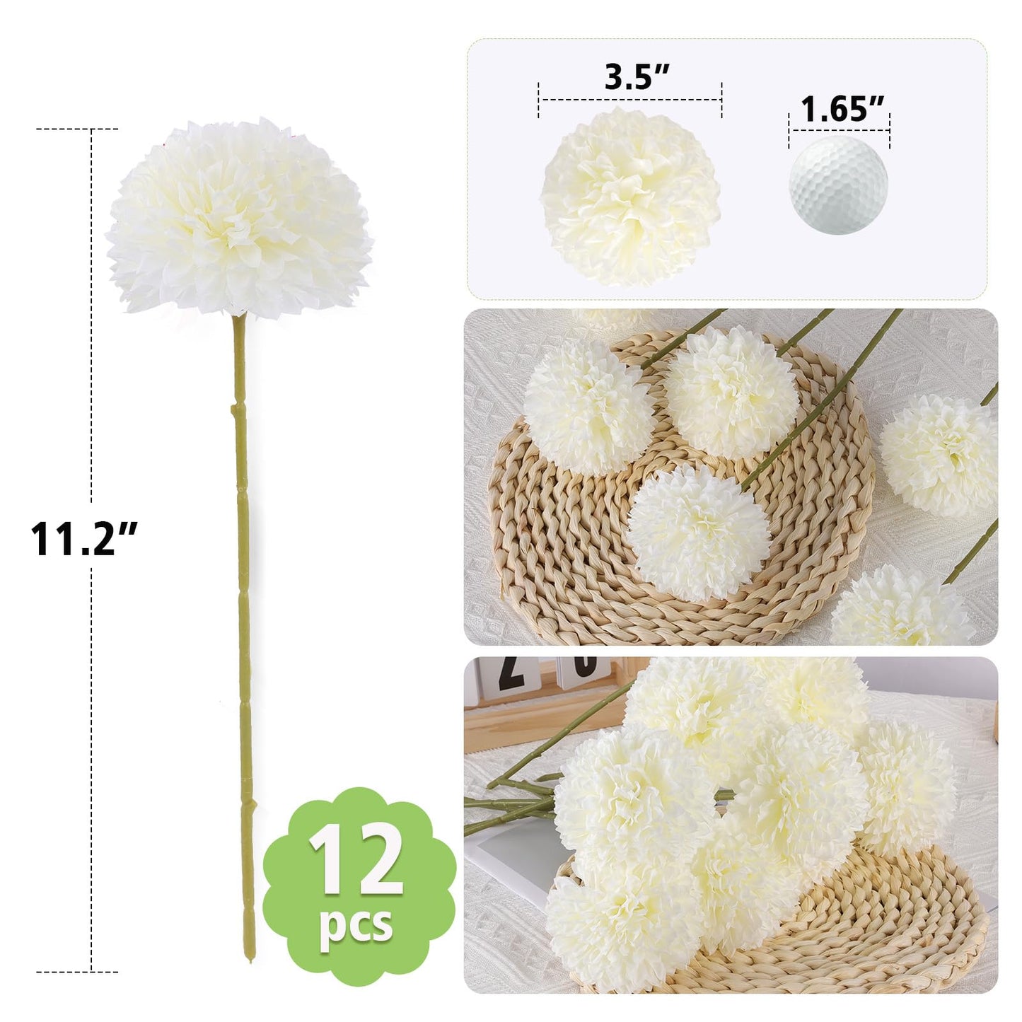 Rowfad 12 Pcs Artificial Chrysanthemums Flowers Silk Ball White Flowers Fake Mums Spring Flowers for Valentine‘s Day Wedding Home Decor (12, White)