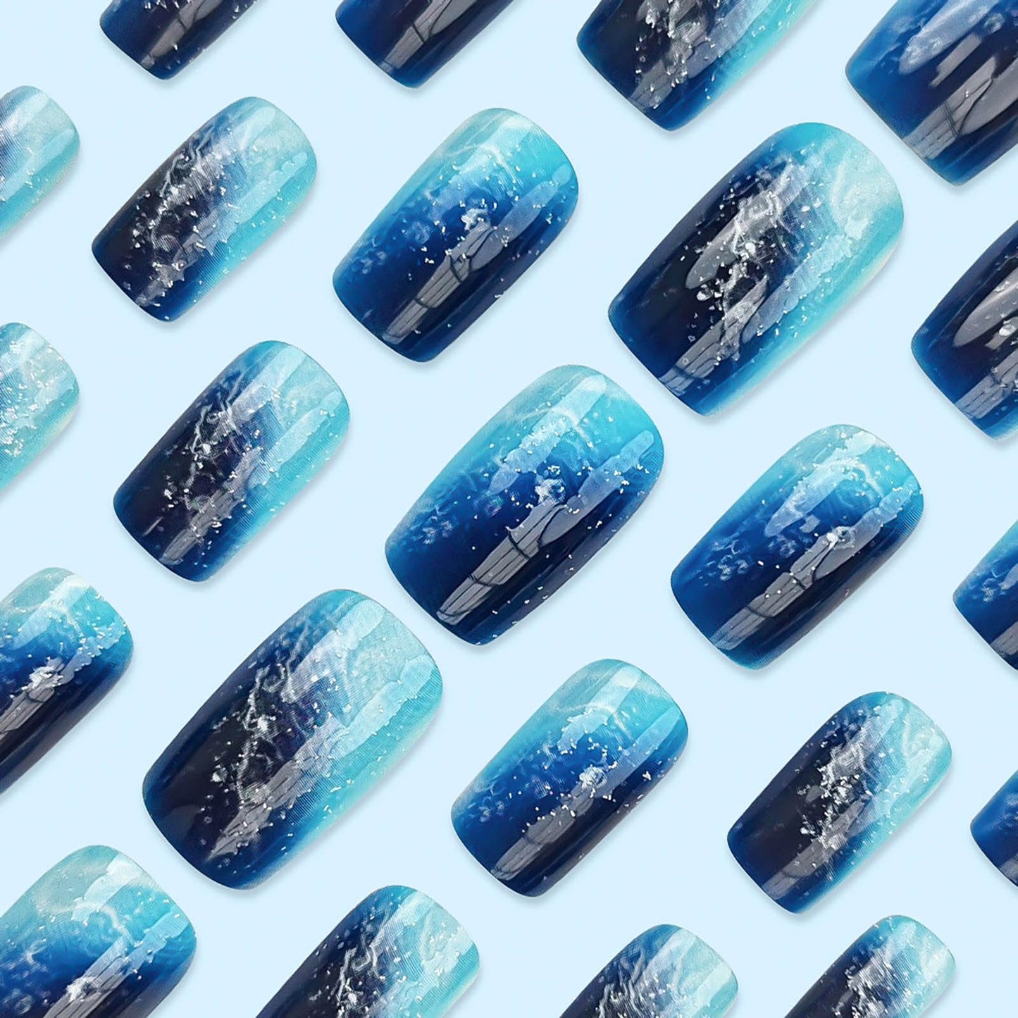 RUOKEXIN Square Press on Nails - Medium Blue Ombre False Nails with Glitter Designs, Thick Glossy Artificial Nails, 24Pcs