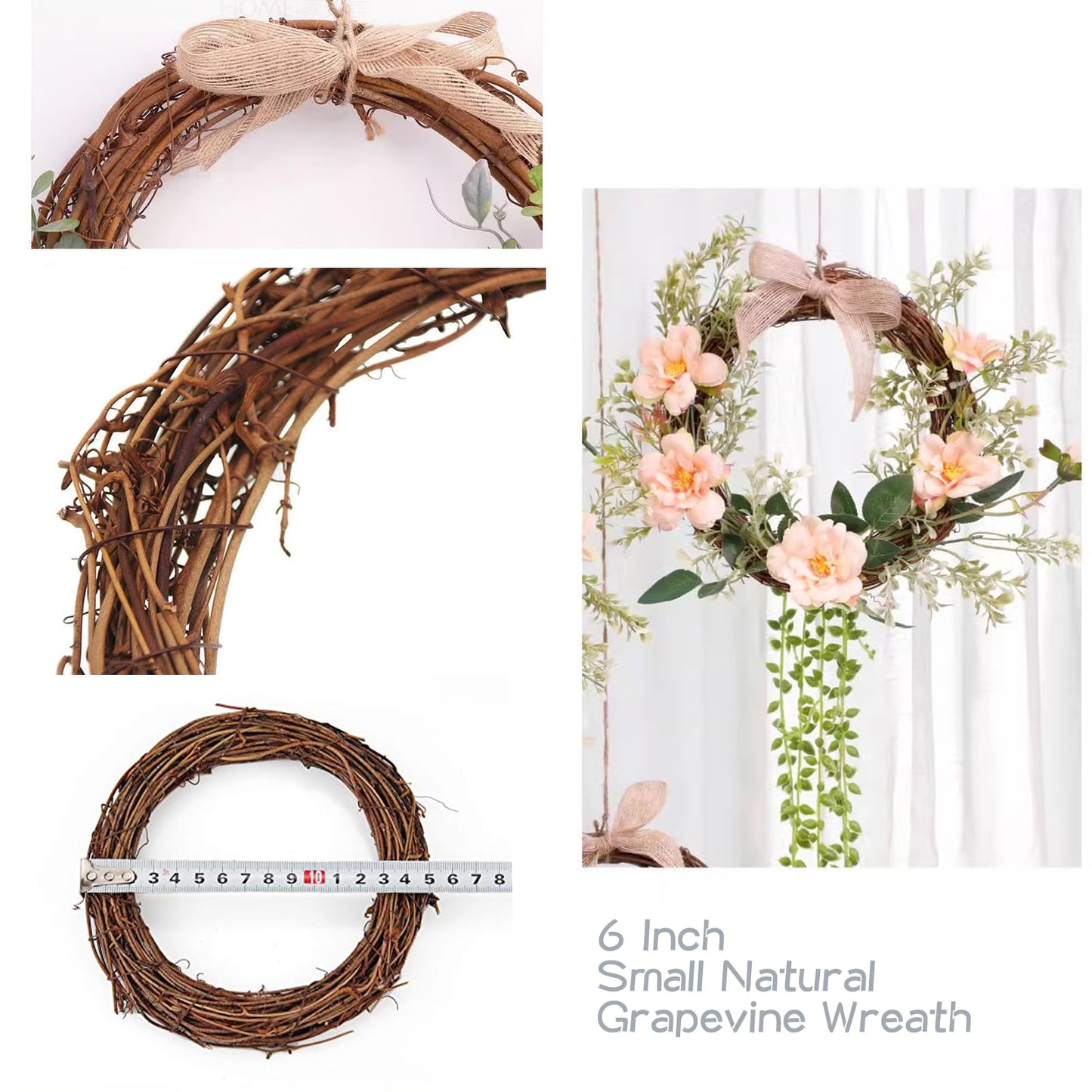 Small Round Grapevine Wreath 6 Inch Rattan Wreaths for Crafts Spring Christmas Holiday Decoration Wedding Home Decor (6 Pack)