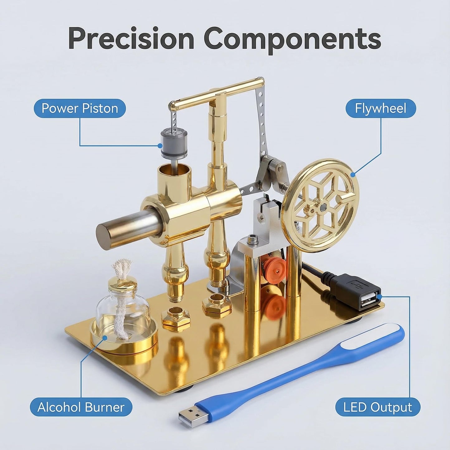 Hot Air Stirling Engine Motor Model,Stirling Engine Kit, Single-Cylinder Metal Stirling Engine External Combustion Engine Motor,DIY Hot Air Engine Gift of Air for Desktop EducationalToy (Gold)