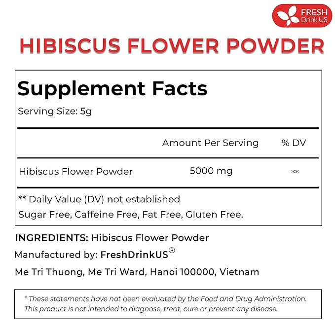 FreshDrinkUS, Premium 16oz Hibiscus Flower Powder, 100% Natural and Pure from Hibiscus Flowers, Natural Food Coloring, Hibiscus Flowers Tea, No Additives, No Gluten, No Sugar, Vegan