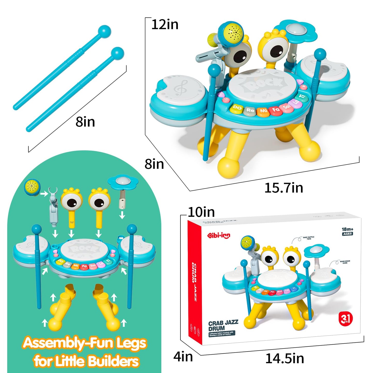 Toddler Drum Set for Kids 1-3, Baby Drum Set 1 Year Old with Light-Up Microphone, Musical Instruments Montessori Learning Toys for 6 9 12 18 Months, Birthday Gift for Boys Girls (BLUE)