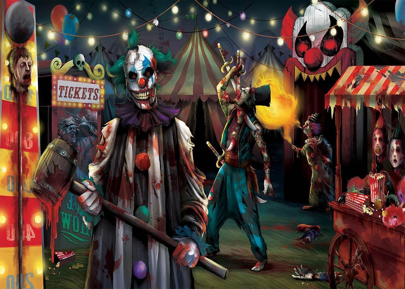 DULUDA 8x6 FT Halloween Evil Circus Clown Theme Backdrop Haunted House Horror Scary Evil Circus Clown Creepy Carnival Birthday Party Decorations Photography Background Banner Studio Props, Clear