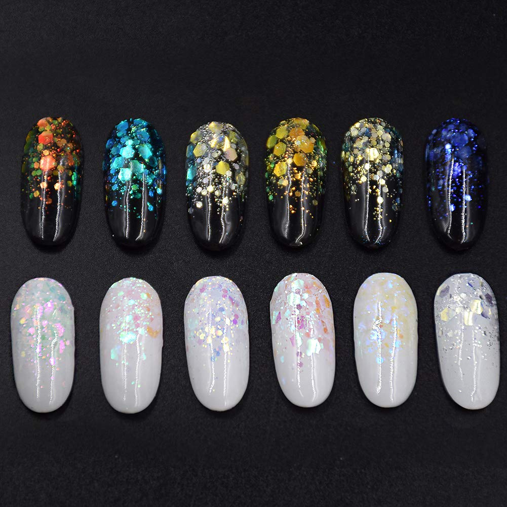 Minejin Nail Glitter Holographic Chunky Flakies Ultra-Thin Iridescent Charming Sequins Powder Tips 12 Jar