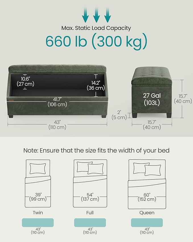 SONGMICS Velvet Storage Ottoman Bench, Foot Rest with Legs, 15.7 x 43 x 15.7 Inches, End of Bed Bench, Storage Chest, Load up to 660 lb, for Living Room, Bedroom, Entryway, Forest Green ULSF089C01