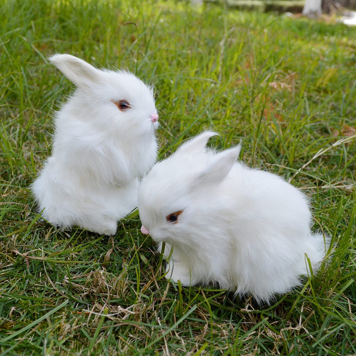 Basuo-9Q Easter Bunny Plush Figurines - 2 Piece Realistic Rabbit Stuffy for Easter Decor, Spring Basket Fillers, Home Decoration, Photoshoot Props, (White)