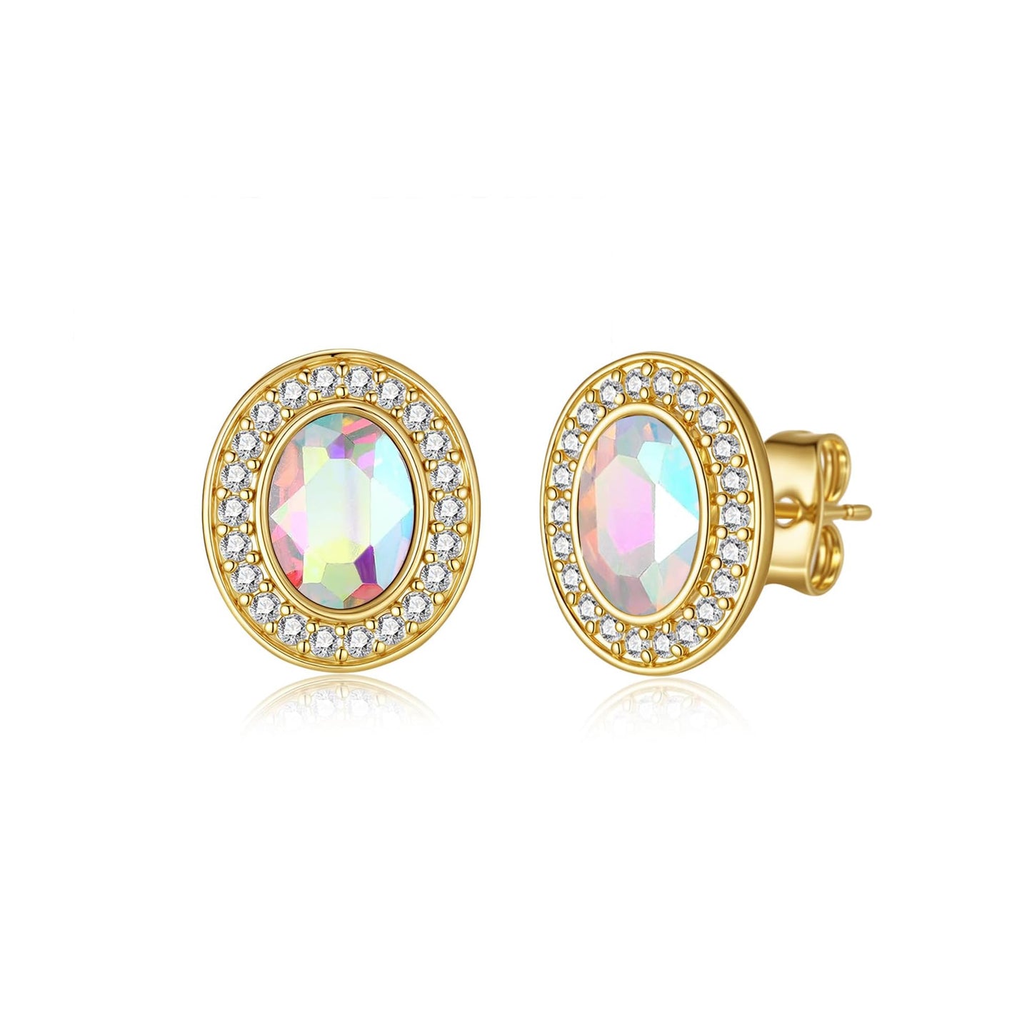 EVEVIC Austrian Crystal Halo Oval Stud Earrings for Women Trendy,14k Gold Plated Hypoallergenic Earring Jewelry Gift (Aurora Borealis)