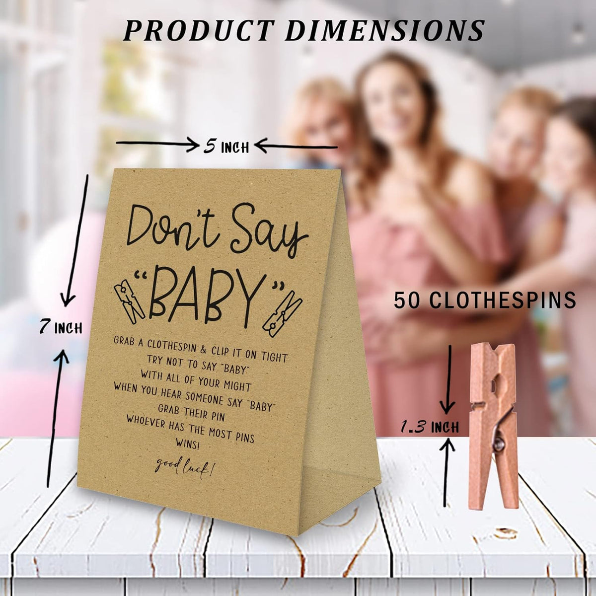 Don't Say Baby Game For Baby Shower Clothespin Game, One 5x7 Kraft Sign And 50 Natural Clothespins, Minimal Style, Gender Neutral -NDSBB03