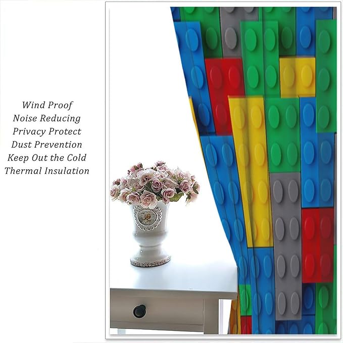Kids Building Blocks Toy Curtains for Kids Room W84 x L84 Inch Rod Pocket Contour Plastic Colorful Toy Bricks Geometric Print Pattern Curtains for Boys Girls Bedroom 2 Panels