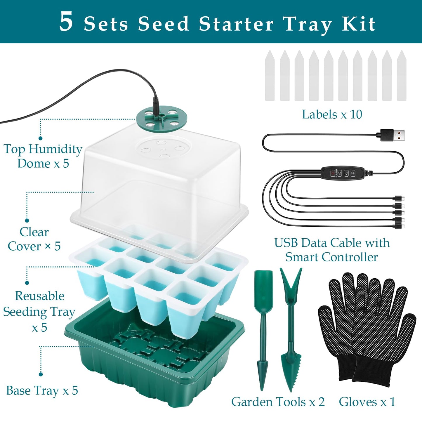 Seed Starter Tray with Grow Light, 60 Flexible Cells 5 PCS Seed Starter Kit, Reusable Seedling Starter Trays with Humidity Dome and High Lid, Germination Trays for Indoor Greenhouse Seed Starter