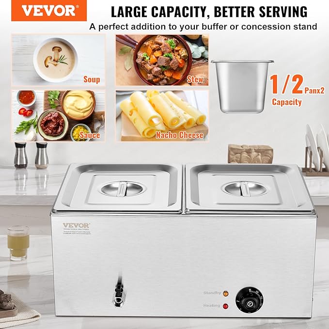 VEVOR 110V 2-Pan Commercial Food Warmer 1200W Electric Steam Table 15cm/6inch Deep Stainless Steel Bain Marie 24 Quart for Buffet Catering, Silver