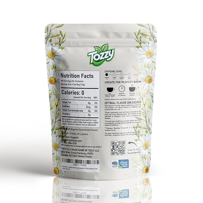 Tozzy Organic Chamomile Tea – 100 Count, Plant-Based Pyramid Tea Bags