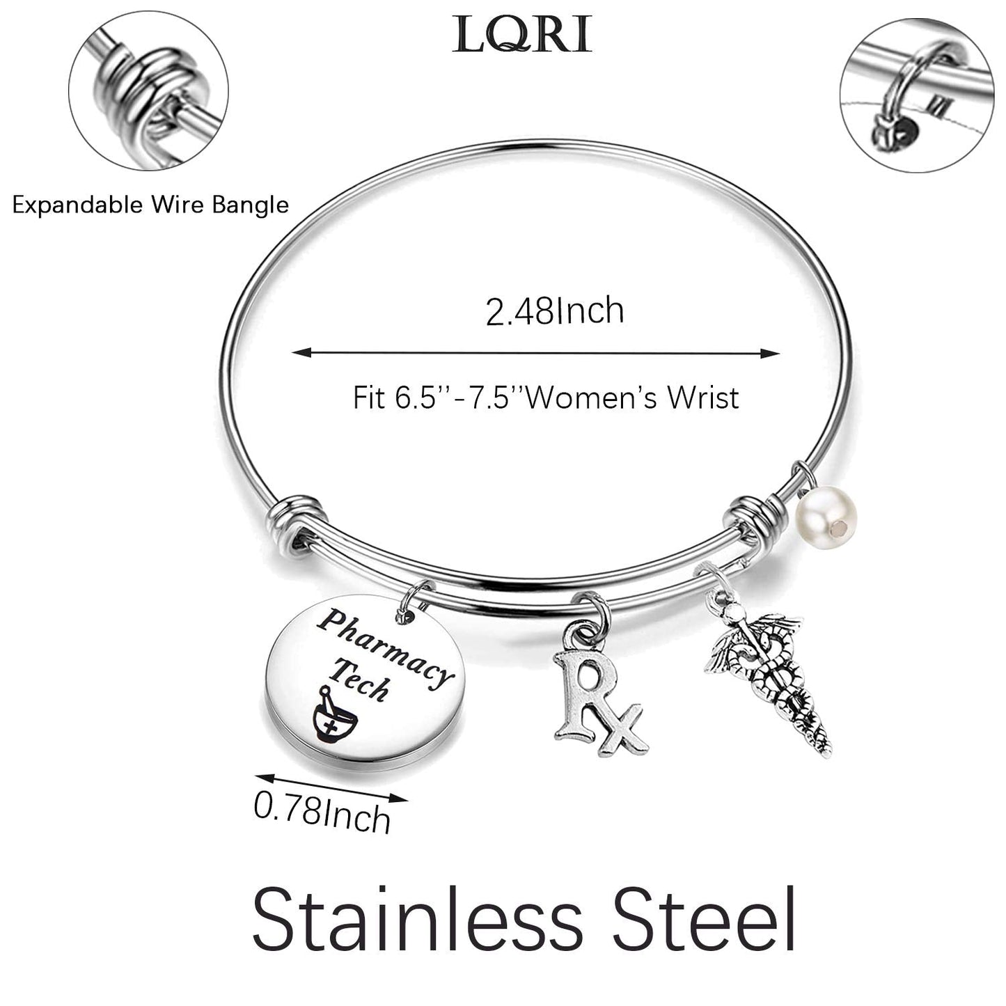 LQRI QIIER Pharmacy Tech Gift Pharmacy Technician Bracelet Expandable Wire Bangle RX Jewelry Gift for Pharmacist (Silver)