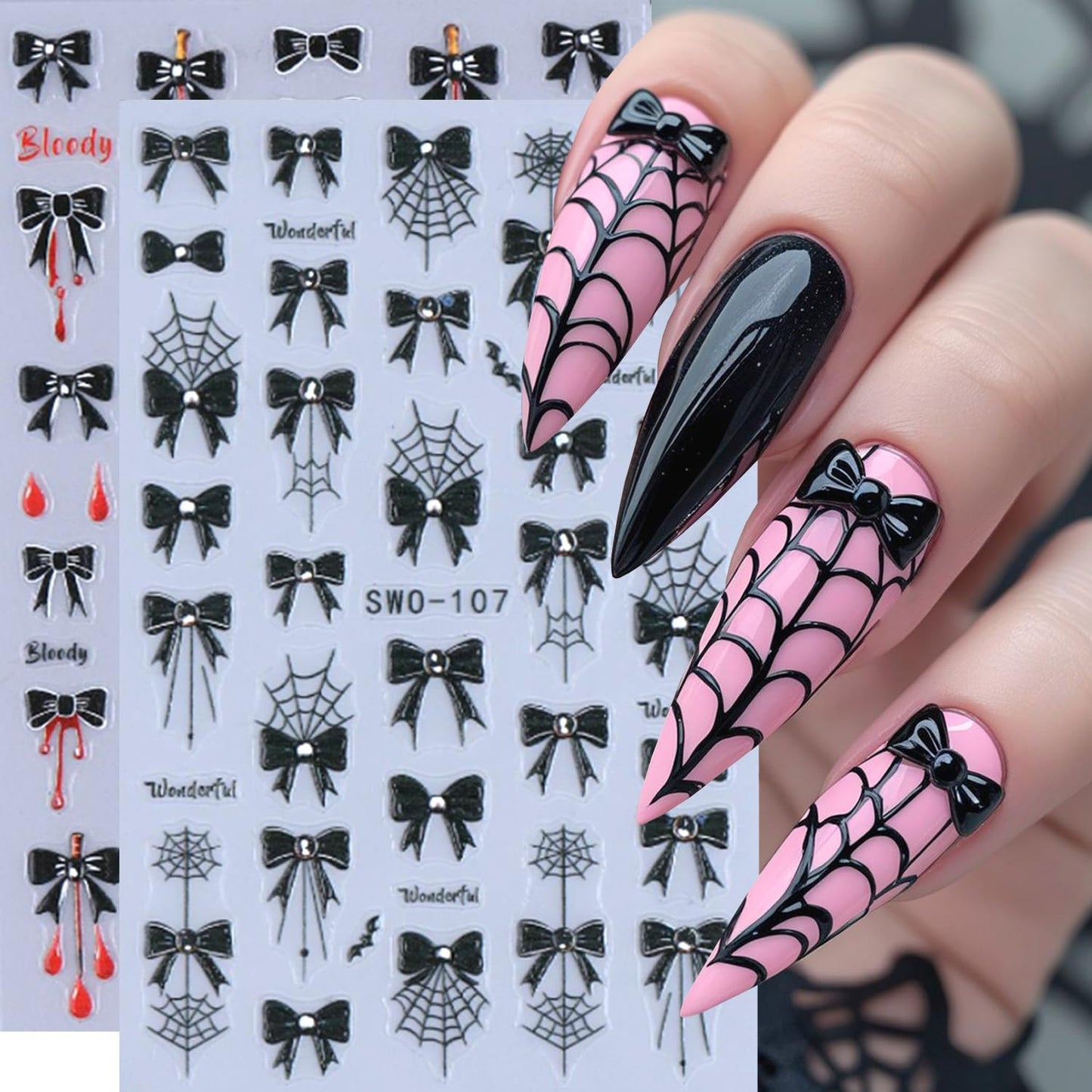 2Sheets Halloween Nail Art Stickers 3D Embossed Black Bow Spider Web Nail Decals with Rhinestones Design Nail Sticker Self Adhesive Bows Blood Drop Textured Nail Decal for Women DIY Nails Decor Supply
