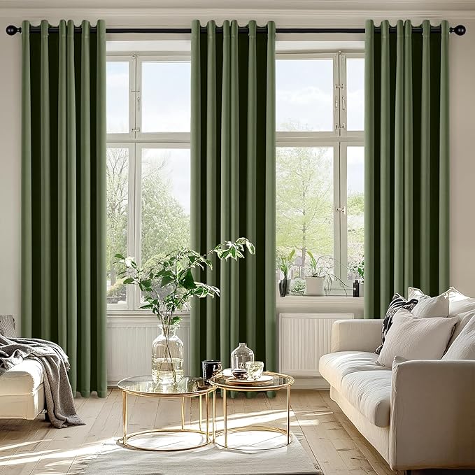 MIULEE Olive Green Blackout Curtains for Bedroom Living Room 72 Inches Long 2 Panels, Thermal Insulated Room Darkening Drapes Solid Grommet Top Noise Reducing Dark Green Window Curtains W40 x L72 Inch