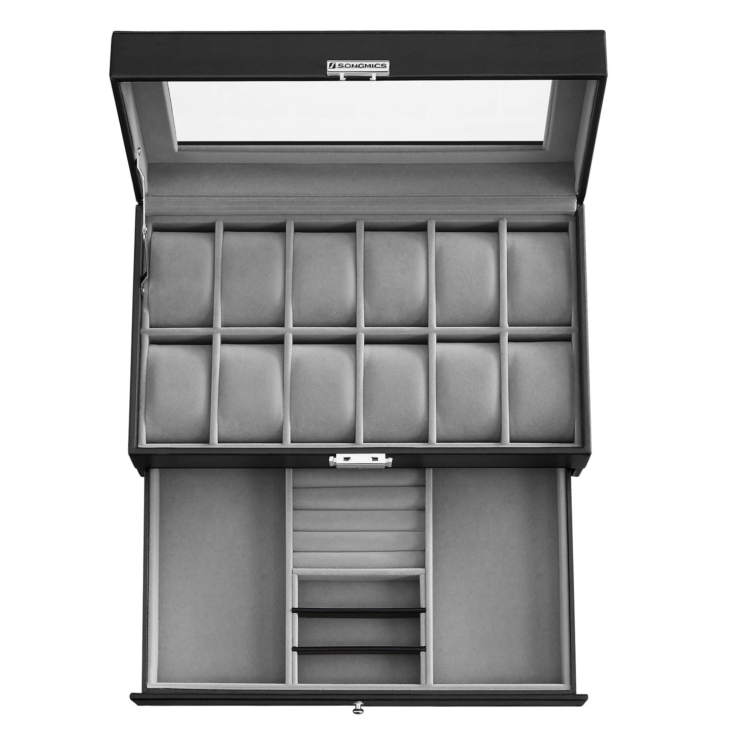 SONGMICS Watch Box, 12-Slot Watch Case Organizer with Large Glass Lid, 2 Layers, Removable Pillows, Metal Lock, Gift for Loved Ones, Black Synthetic Leather, Gray Lining UJWB012