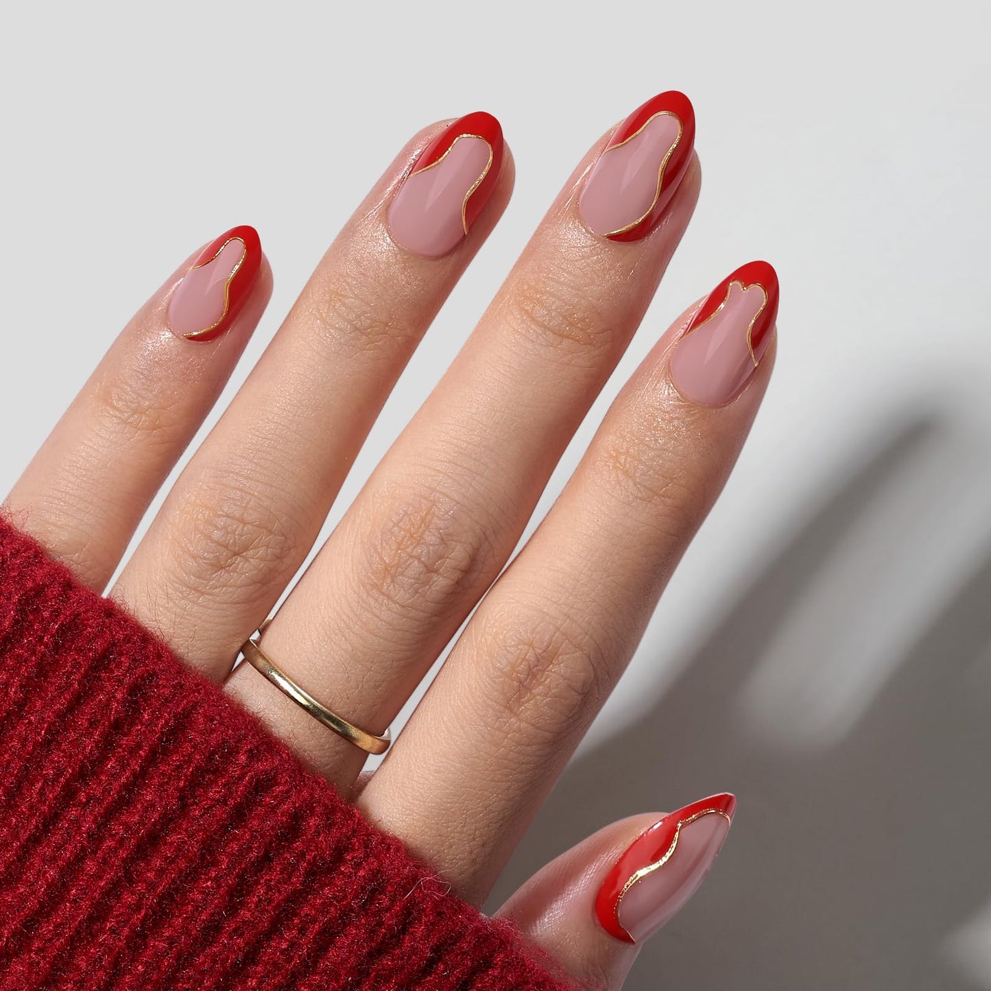BTArtbox French Tip Press On Nails - Short Almond Red Press On Nails with Glue and Adhesive Tabs for Women in 16 Sizes - 32 Soft Gel Glue On Nails Kit, Wildfire Waves
